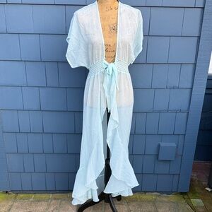 Chic Light Blue Sheer Swim Cover-Up robe mint ruffle